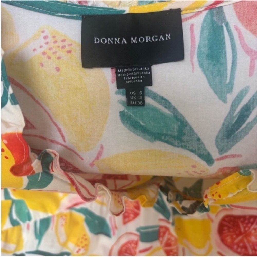 Donna Morgan Floral Dress Citrus Tiered Square Neck Cotton Yellow Red Size 6 - Picture 3 of 13
